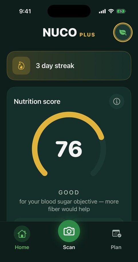 The NUCO app home screen showing a Nutrition score of 76